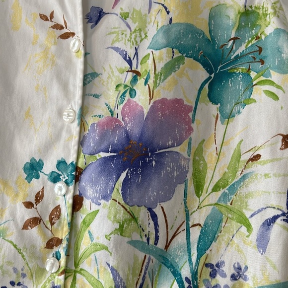 VTG Watercolor Floral Print White Cotton Twill/Sailcloth Jacket w Pockets - Picture 2 of 11